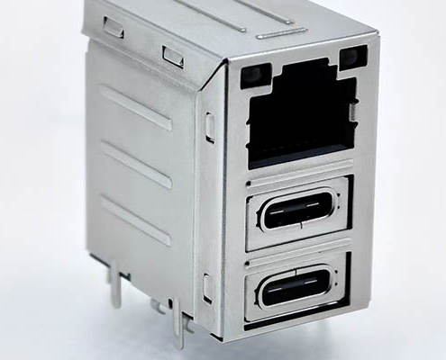 PCB board featuring one RJ45 Ethernet port and dual USB Type-C connectors for high-speed data transmission and network connectivity